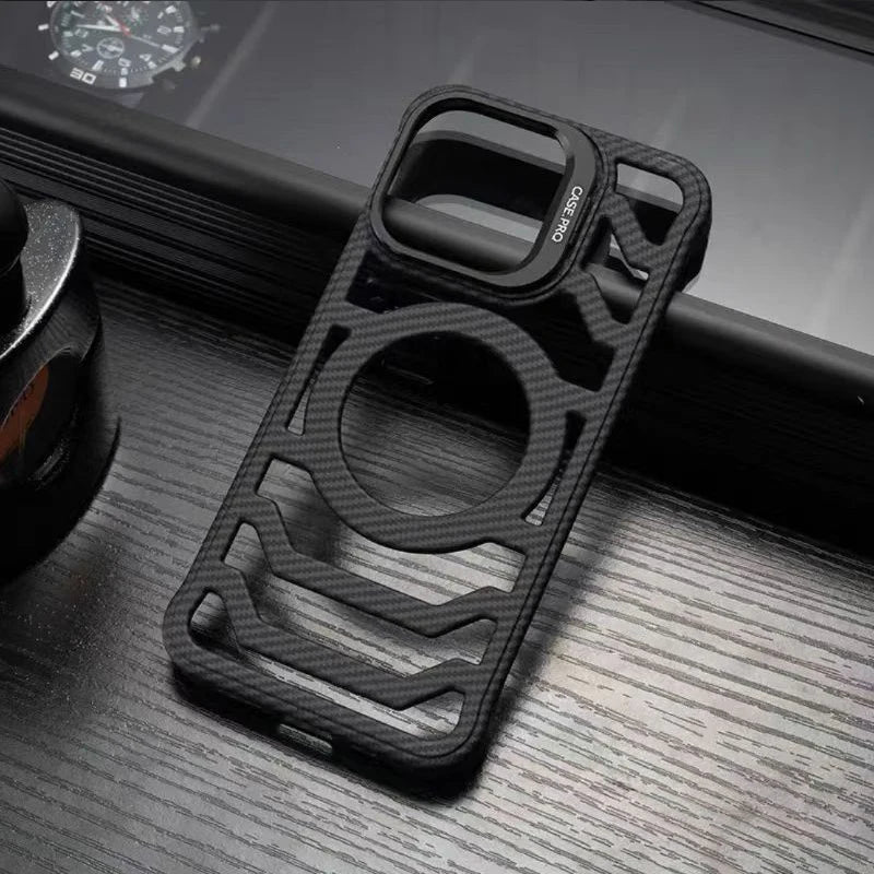 Luxury Carbon Fiber Style Magnetic Phone Case for iPhone 16 15 14 13 12 Pro Max with Lens Holder