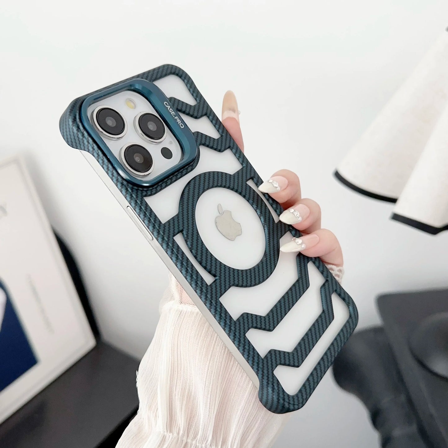 Luxury Carbon Fiber Style Magnetic Phone Case for iPhone 16 15 14 13 12 Pro Max with Lens Holder - Blue / For iphone 16 Pro Max - Sky-cover