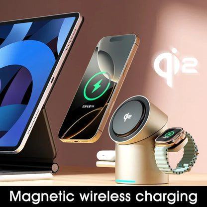 Touch Rotate Qi2 Magnetic 3-in-1 Wireless Charger 15W Fast Charging Station for iPhone 13 14 15 16 Series Apple Watch AirPods - Sky-cover