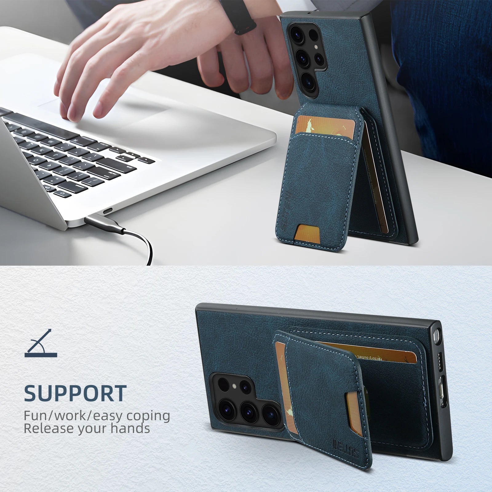 SUTENI Leather Wallet Card Holder Phone Cases For Samsung Galaxy S24 S23 Ultra S22 Plus Note20 - Sky-cover