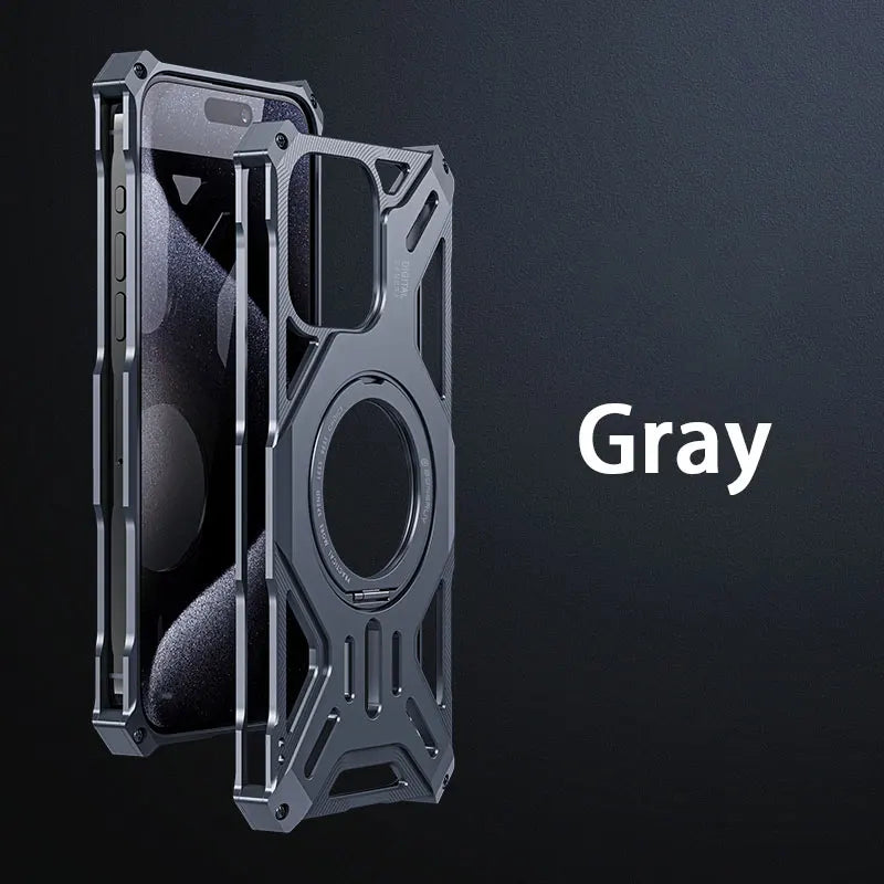 Luxury Metal Hollow Heat-Absorbing Phone Case for iPhone 15 14 13 Pro Max with Aluminum Magnetic Holder - Gray / For Iphone 15 Pro Max - Sky-cover