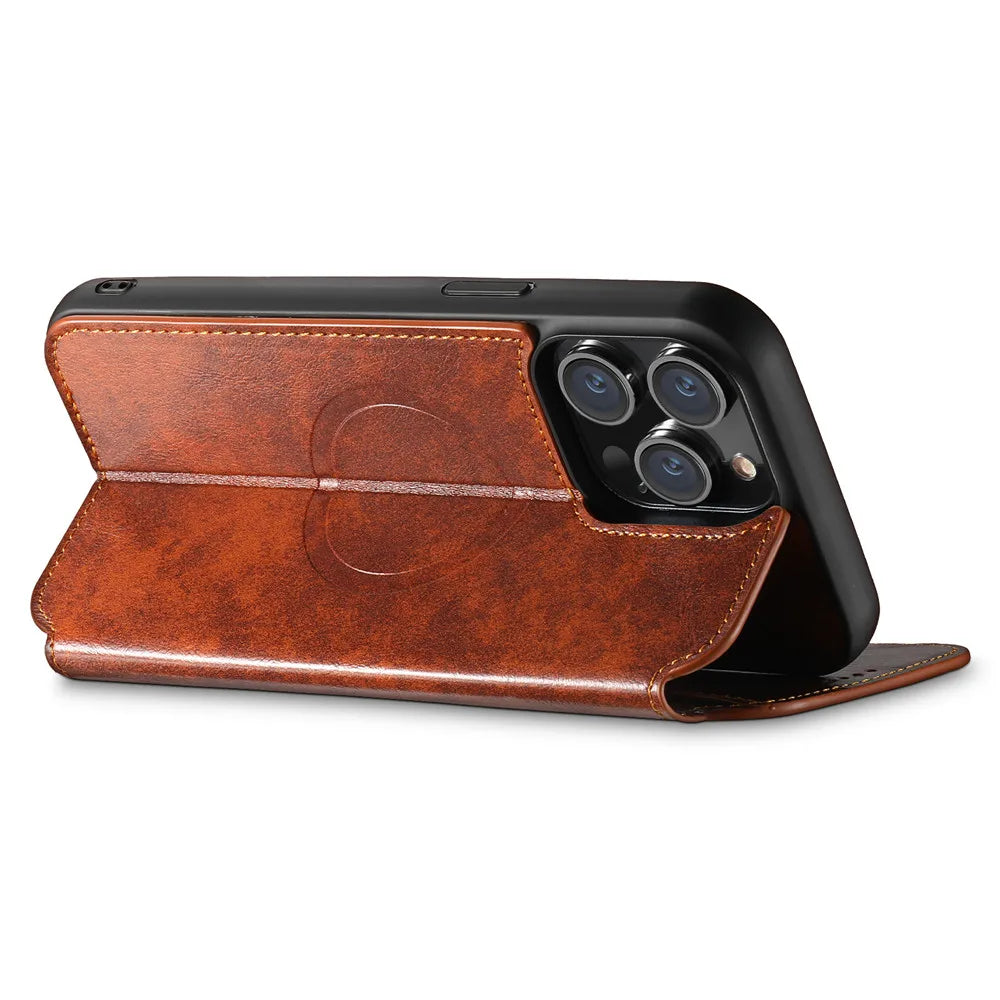 Leather Magnetic Kickstand Case with Card Storage – Dual-Layer Full Coverage for iPhone - Sky-cover