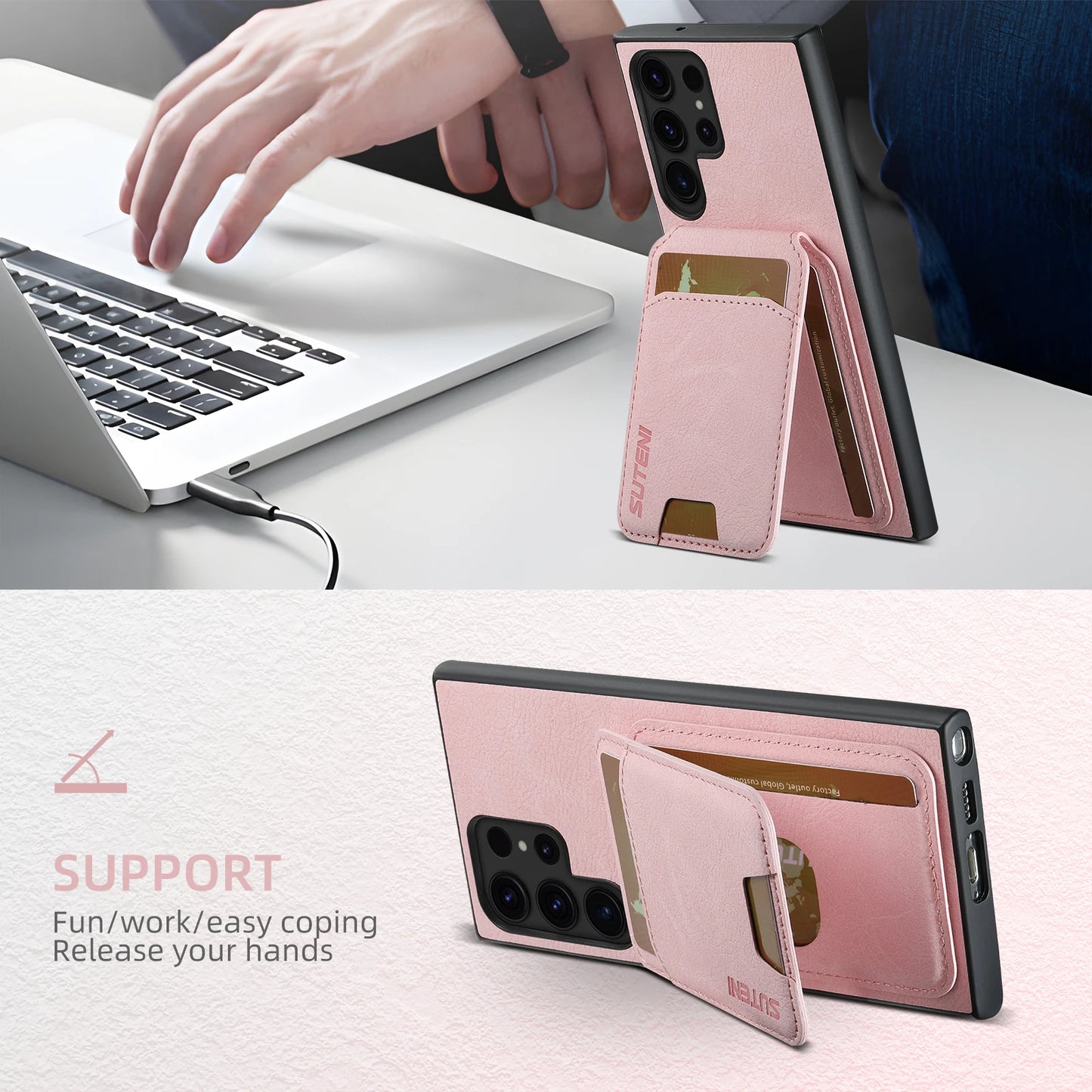 SUTENI Leather Wallet Card Holder Phone Cases For Samsung Galaxy S24 S23 Ultra S22 Plus Note20 - Sky-cover