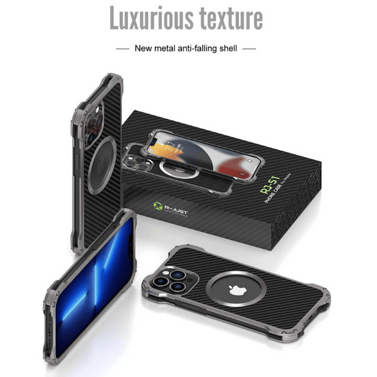 Aluminum Magnetic Case Shell Carbon Fiber Texture Metal Bumper Magsafe Wireless Charging Cover - Sky-cover