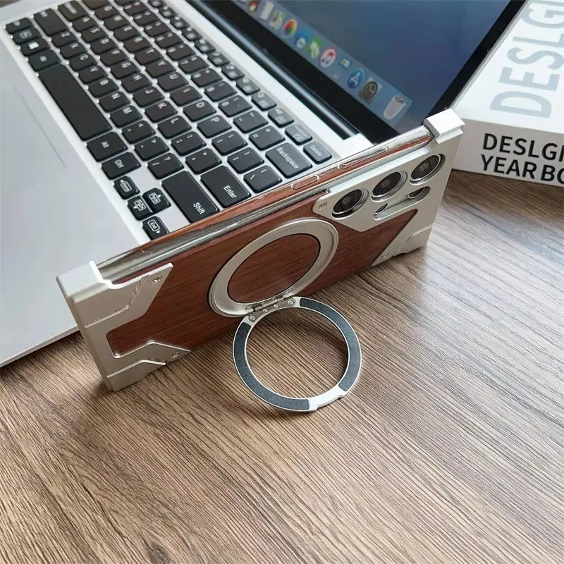 luxury Walnut metal case with 360-degree rotating magnetic stand - Sky-cover