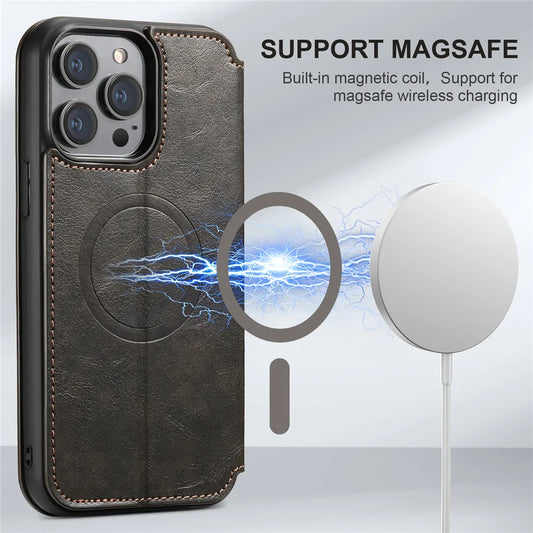 Leather Magnetic Kickstand Case with Card Storage – Dual-Layer Full Coverage for iPhone - Skycover
