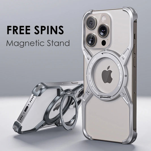 Aluminum Alloy Rimless Magnetic Stand Phone Case For iPhone 15 14 13 16 series Detachable Metal Magsafe Cooling Shockproof Cover - Grey / For iPhone 16 Pro Max - Sky-cover