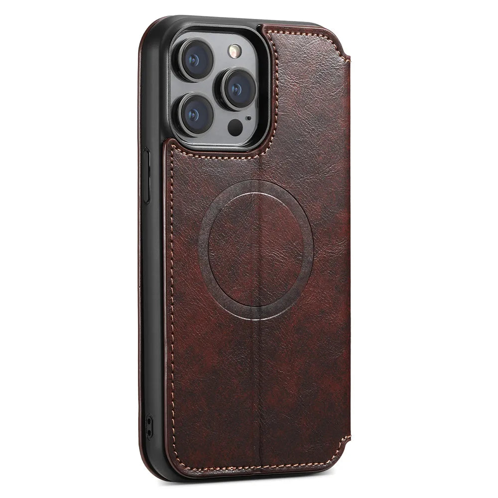 Leather Magnetic Kickstand Case with Card Storage – Dual-Layer Full Coverage for iPhone - Sky-cover