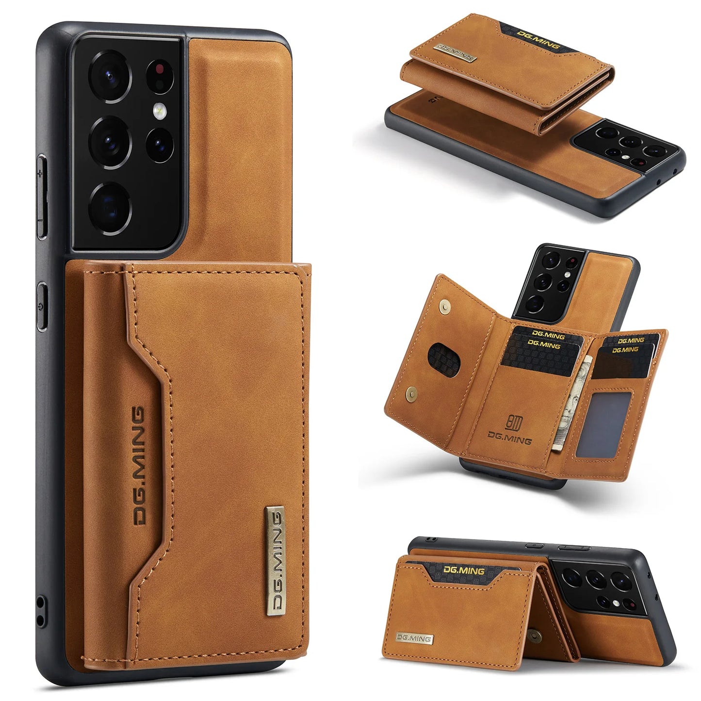 Luxury Magnetic Leather Case for Samsung Galaxy Phone Card Holder Wallet Cover - Brown with card bag / For Galaxy S24 Ultra - Sky-cover