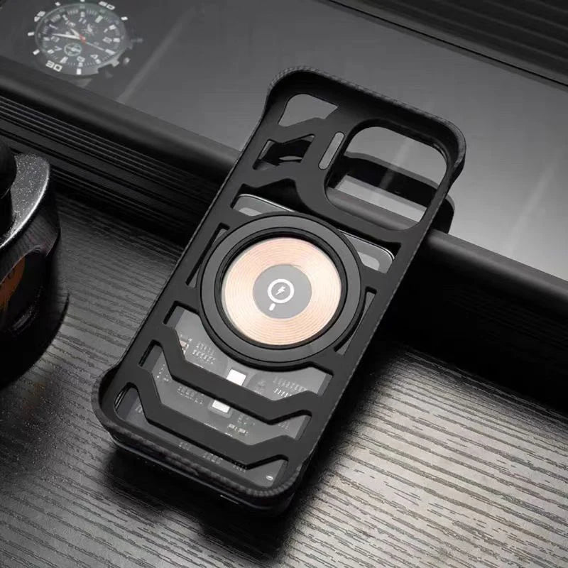 Luxury Carbon Fiber Style Magnetic Phone Case for iPhone 16 15 14 13 12 Pro Max with Lens Holder - Grey / For iphone 16 Pro Max - Sky-cover