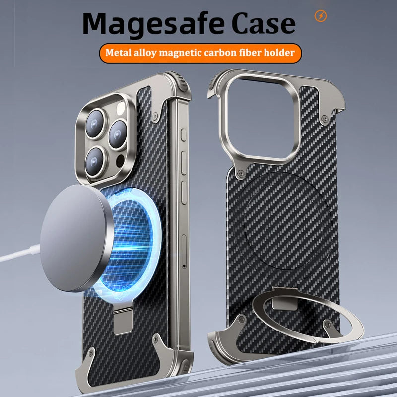 MagSafe Metal Magnetic Phone Holder Case for iPhone 15 14 Pro Max Aluminum Alloy Carbon Fiber Anti-collision - Sky-cover
