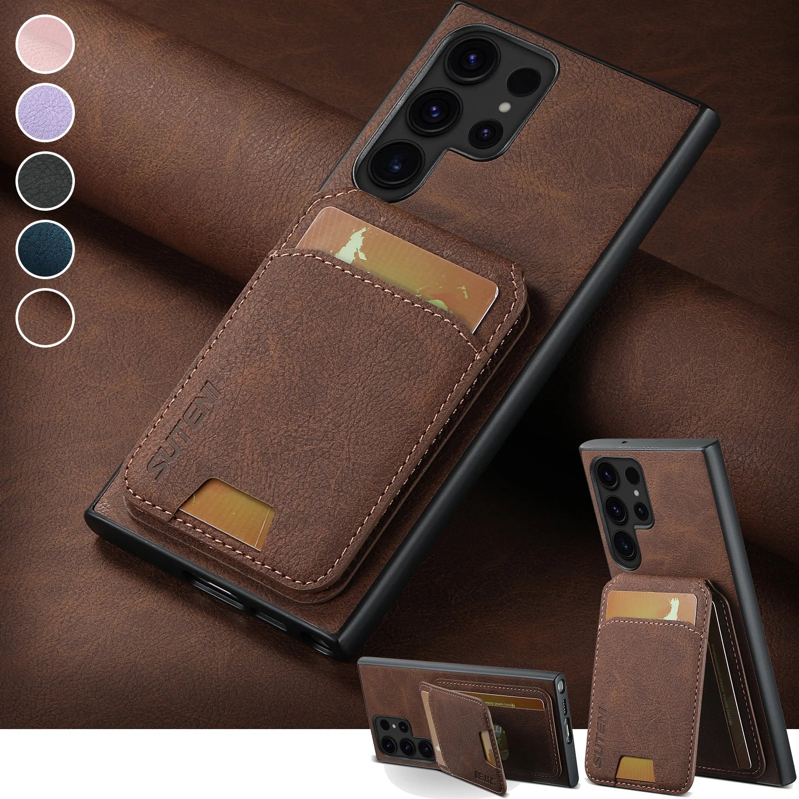 SUTENI Leather Wallet Card Holder Phone Cases For Samsung Galaxy S24 S23 Ultra S22 Plus Note20 - Sky-cover