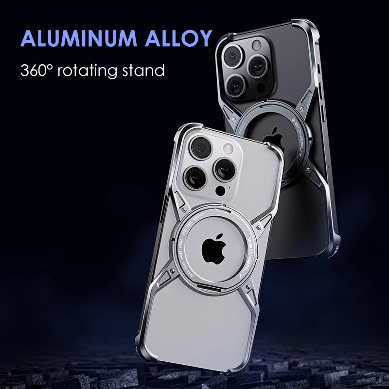 Aluminum Alloy Rimless Magnetic Stand Phone Case For iPhone 15 14 13 16 series Detachable Metal Magsafe Cooling Shockproof Cover - SKYCOVER