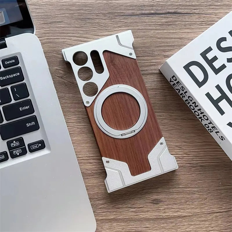 luxury Walnut metal case with 360-degree rotating magnetic stand - Sky-cover