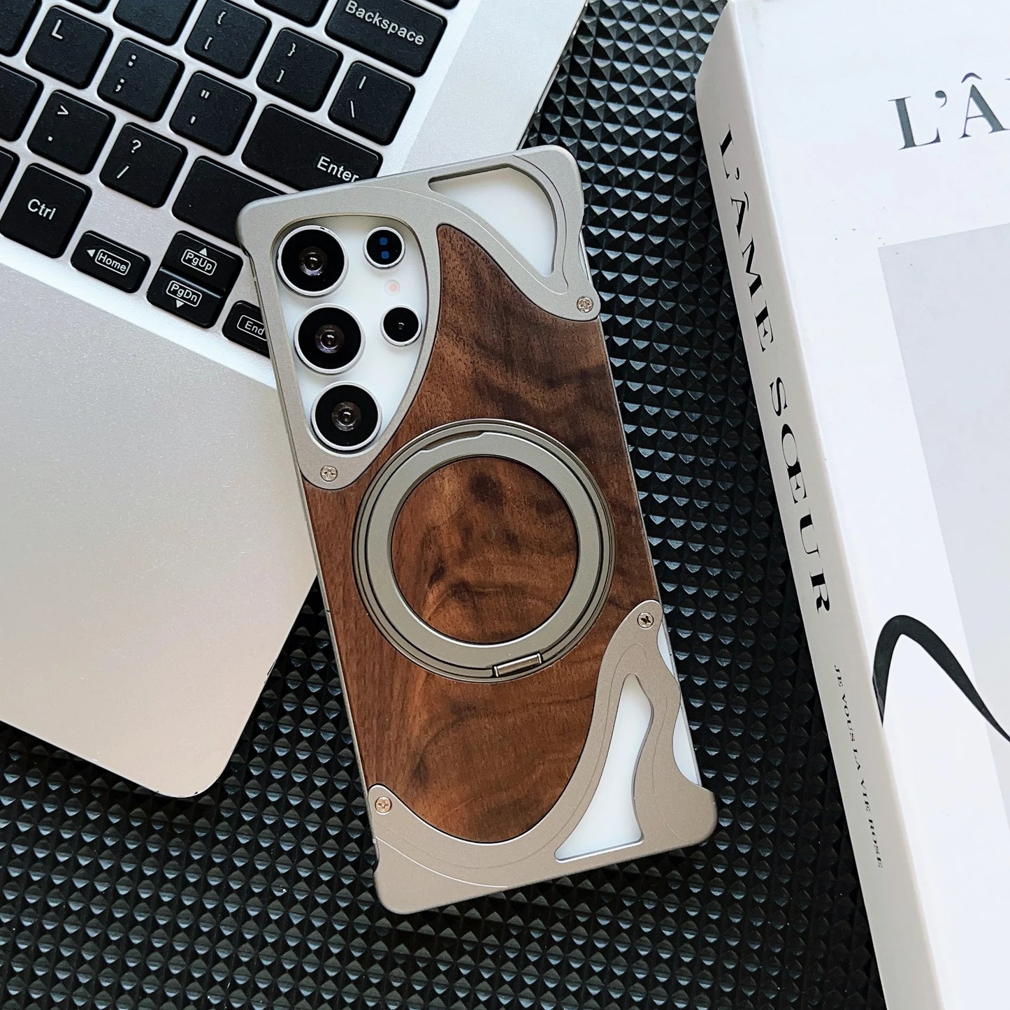 luxury Walnut metal case with 360-degree rotating magnetic stand - Sky-cover