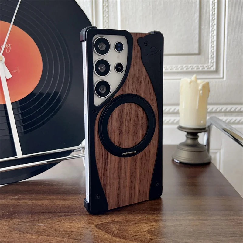 luxury Walnut metal case with 360-degree rotating magnetic stand - Sky-cover