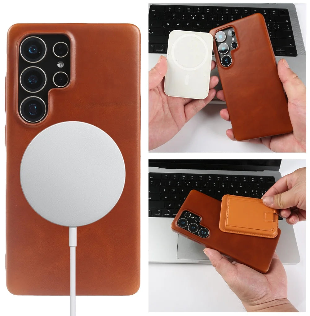 Genuine Leather Magnetic Case for Samsung Galaxy S25 / S24 Series – MagSafe Compatible, Full Coverage - Sky-cover