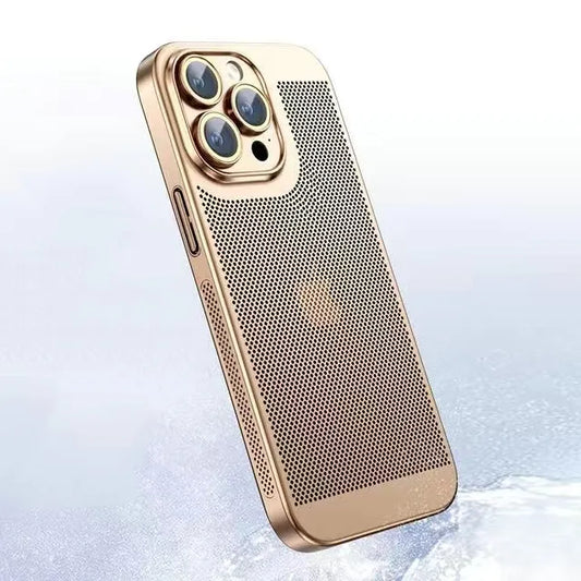 Premium Coating Heat Dissipation Hard Mesh Cooling PC Cover for iPhone with Lens Protector - Gold / For iPhone 13 Pro - Sky-cover