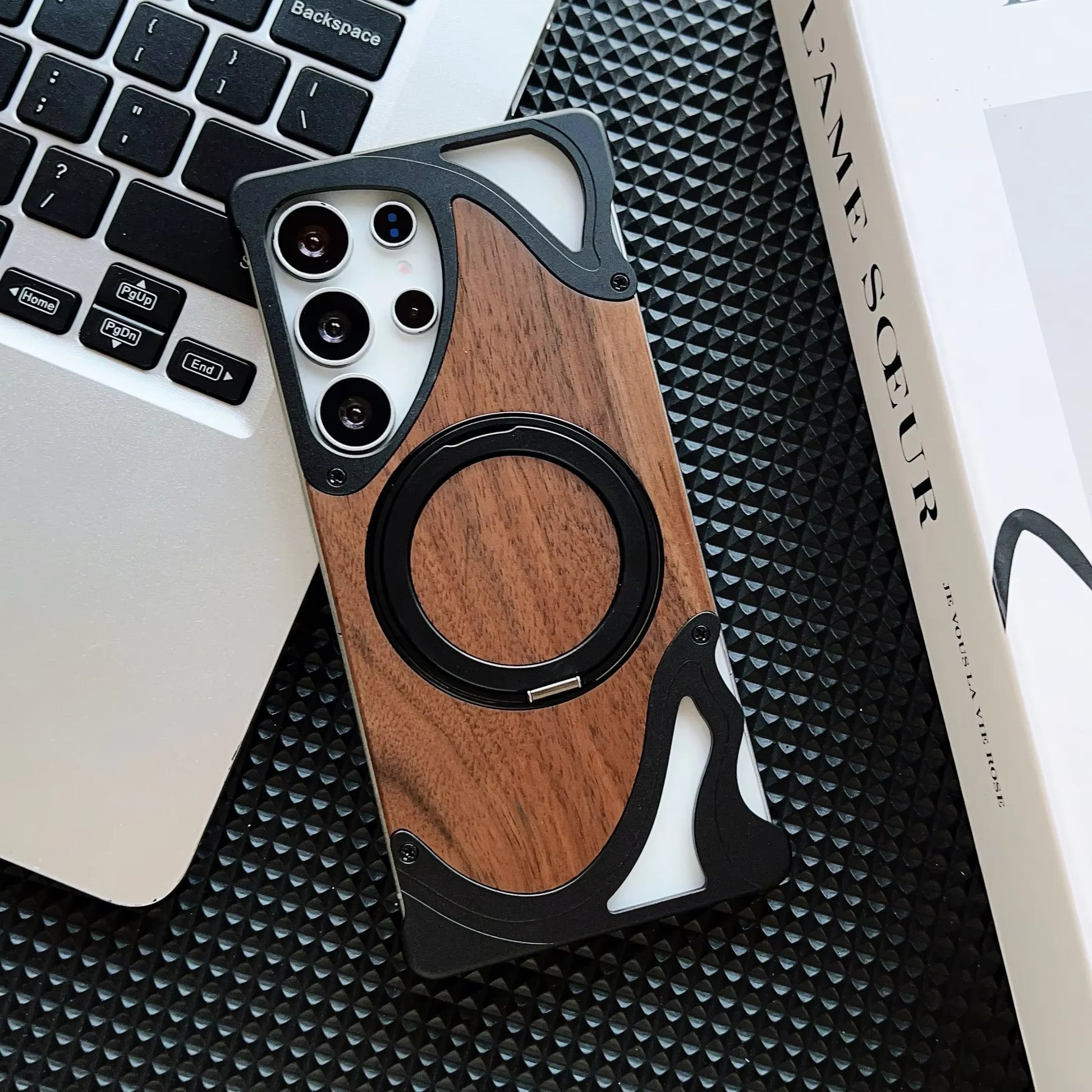 Walnut Wood Metal Case with 360 Degree Rotating Magnetic Holder for Samsung - Sky-cover