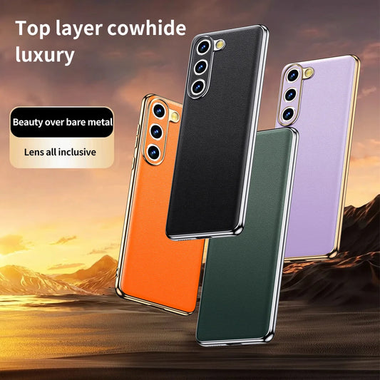 Genuine Cowhide Leather Phone Case for Samsung Galaxy S24 S23 Ultra S22 Plus S21 FE Note 20 Plating Shockproof Protector Cover