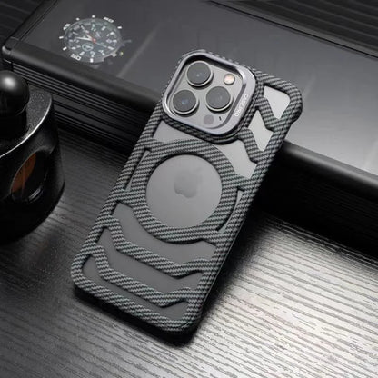 Luxury Carbon Fiber Style Magnetic Phone Case for iPhone 16 15 14 13 12 Pro Max with Lens Holder - Grey / For iphone 16 Pro Max - Sky-cover