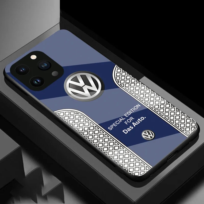 VW Luxury carbon fiber phone case for iPhone 15 Pro Max with glass cover - Blue / for iphone 15 pro max - sky-cover