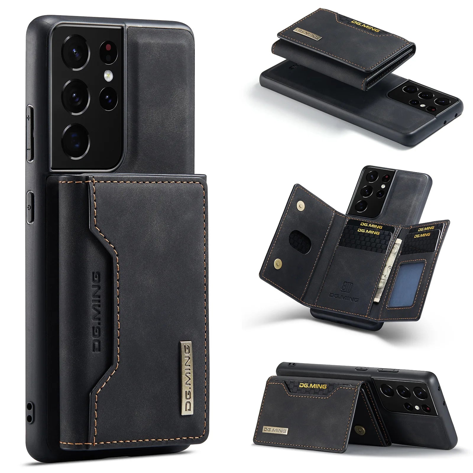 Luxury Magnetic Leather Case for Samsung Galaxy Phone Card Holder Wallet Cover - Black with card bag / For Galaxy S24 Ultra - Sky-cover