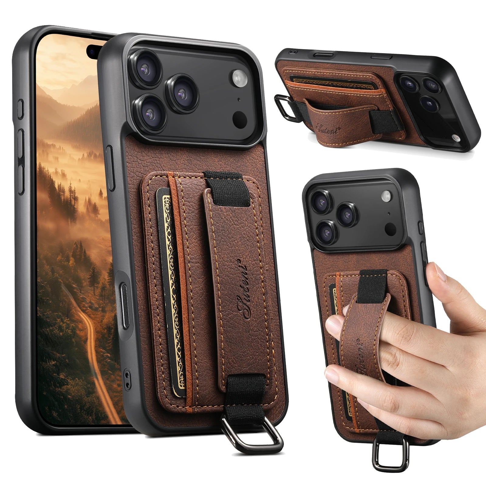 Luxury Leather iPhone Phone Case with Wrist Strap, Ring, Card Holder and Pouch - Sky-cover