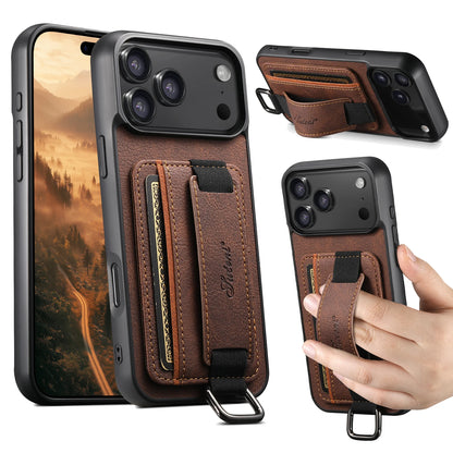 Luxury Leather iPhone Phone Case with Wrist Strap, Ring, Card Holder and Pouch - Sky-cover
