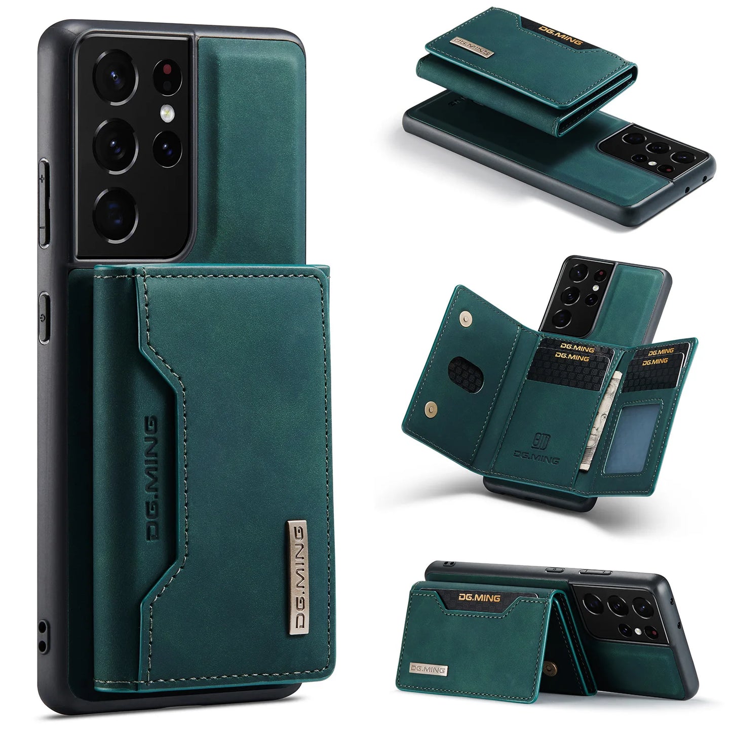 Luxury Magnetic Leather Case for Samsung Galaxy Phone Card Holder Wallet Cover - Green with card bag / For Galaxy S24 Ultra - Sky-cover