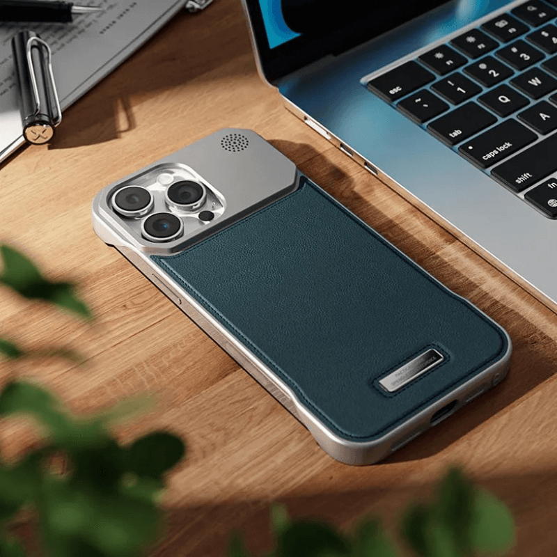 Luxury Metal Leather Phone Case For iPhone 15 14 13 Pro Max Aluminum Magnetic Phone Cover - Sky-cover