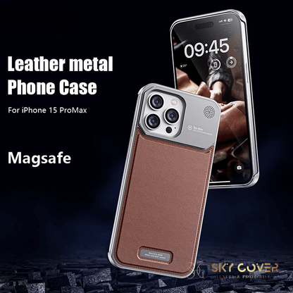 Luxury Metal Leather Phone Case For iPhone 15 14 13 Pro Max Aluminum Magnetic Phone Cover - Sky-cover