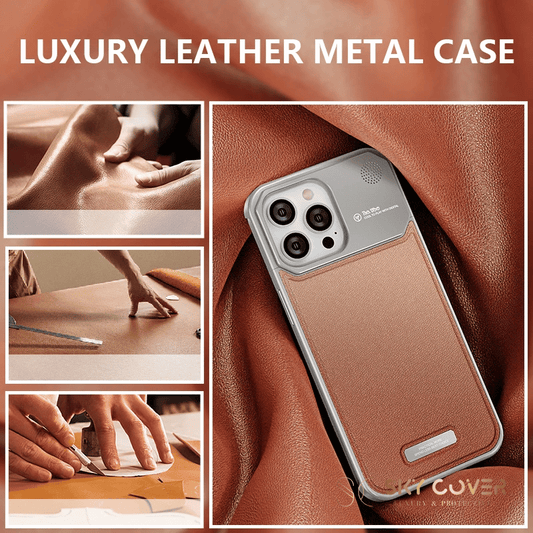 Luxury Metal Leather Phone Case For iPhone 15 14 13 Pro Max Aluminum Magnetic Phone Cover - skycover