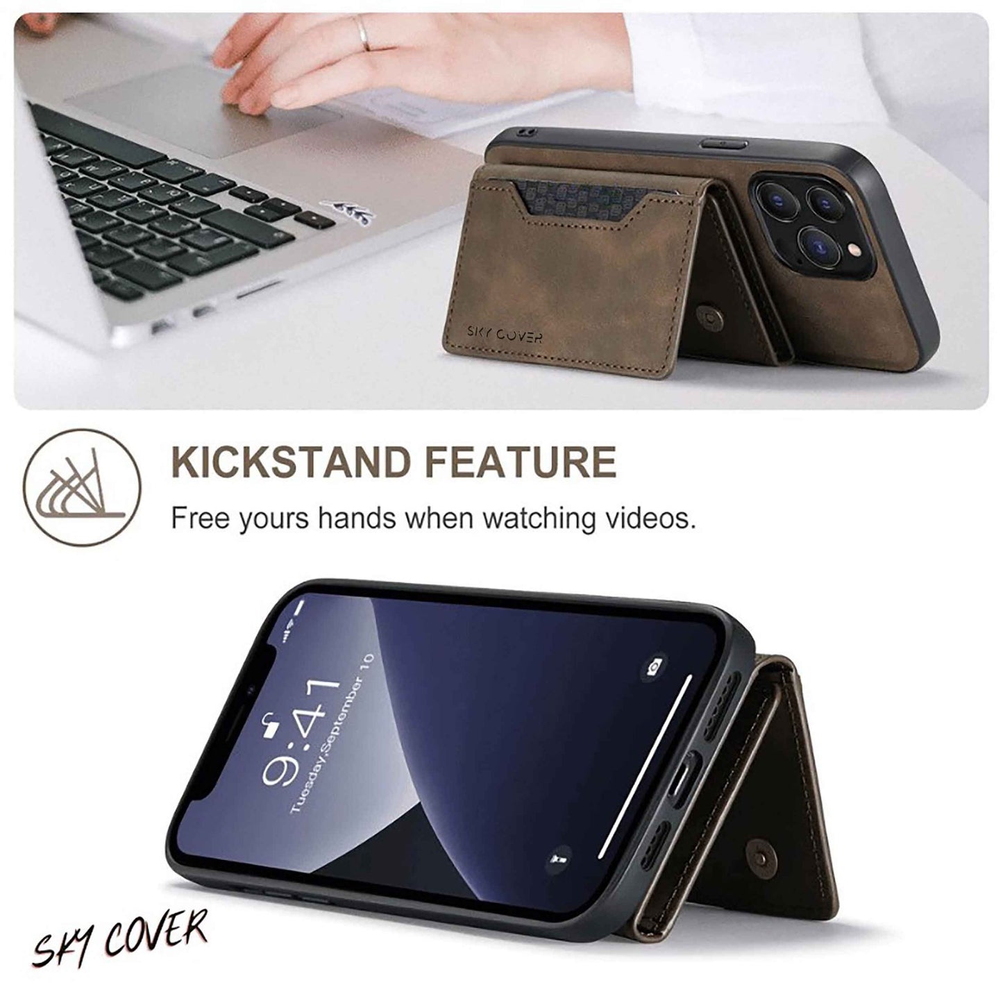 Luxury Leather Wallet Cover Detachable Case with Card Holder compatible with MagSafe wireless charging - sky cover