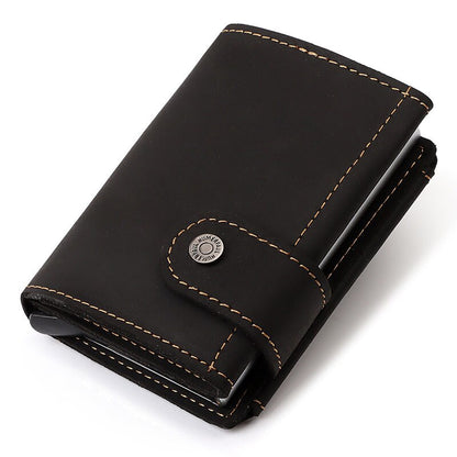Cowhide Men's RFID Aluminum Card Holder Wallet - Slim Metal Wallet with Cash, ID, Zip Coin Purse, and Automatic Pop-Up Smart Feature - Black - sky-cover