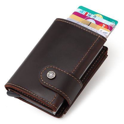 Cowhide Men's RFID Aluminum Card Holder Wallet - Slim Metal Wallet with Cash, ID, Zip Coin Purse, and Automatic Pop-Up Smart Feature - Coffee - sky-cover