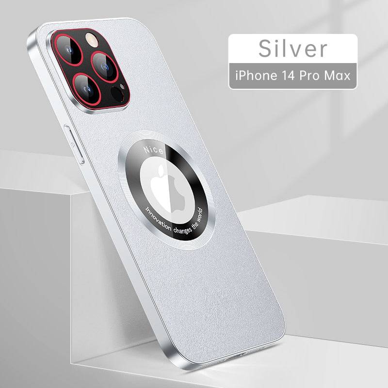 Leather Phone Case Compatible with Magsafe - Glass Metal Lens - Protection Shockproof - Silver / For iPhone 14 - sky-cover
