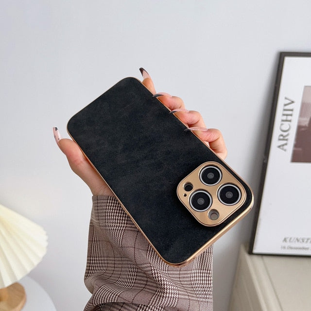 Electroplated Frame Sheepskin Phone Case for all iPhone | Lens Protection | Shockproof TPU Cover - Black / For iphone 14 - sky-cover