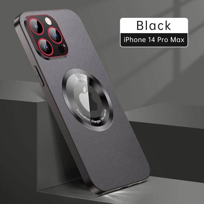 Leather Phone Case Compatible with Magsafe - Glass Metal Lens - Protection Shockproof - Black / For iPhone 14 - sky-cover