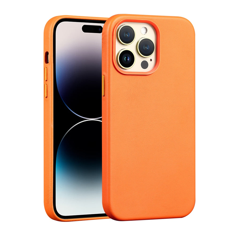 Magsafe genuine leather case for iPhone 15 14 13 12 Pro Max with screen protector - Orange / 1 PCS 9H Tempered Glass Screen Protector / For iPhone 14 - sky-cover