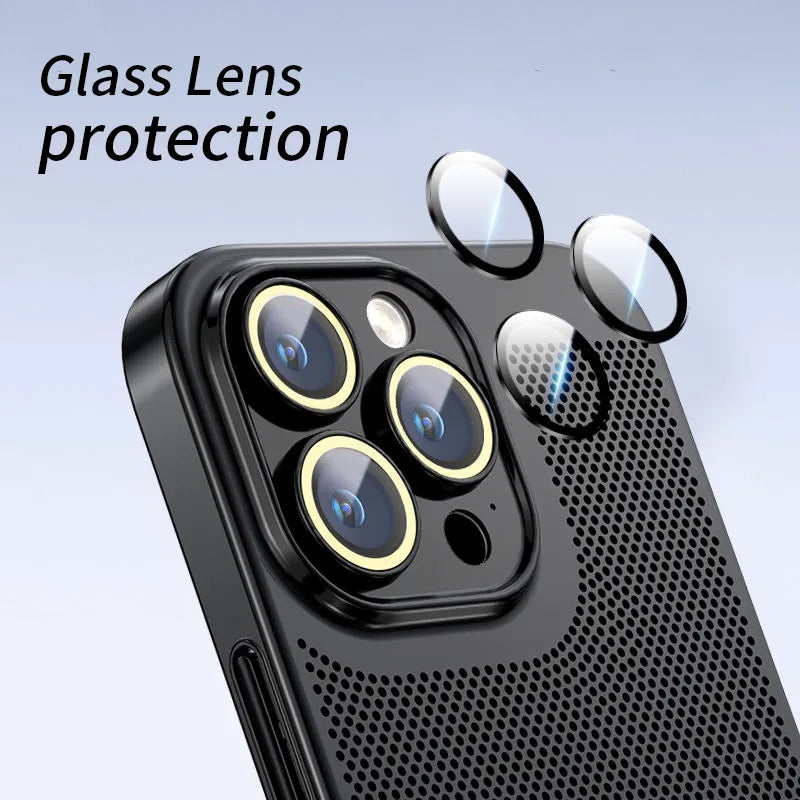 Premium Coating Heat Dissipation Hard Mesh Cooling PC Cover for iPhone with Lens Protector - sky-cover
