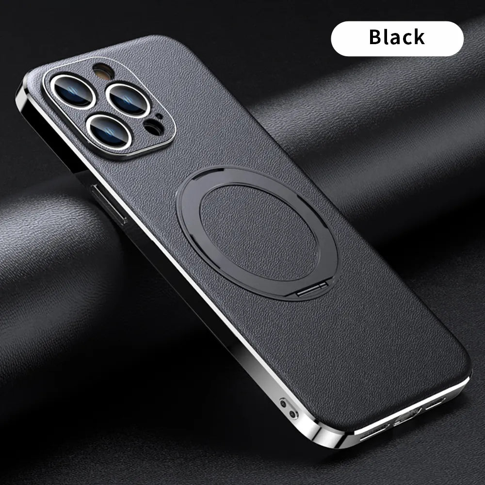 Magnetic Ring Leather Case for iPhone 15 14 Pro Max 13 12 11 Magsafe Compatible - For Iphone 15 / Black - sky-cover
