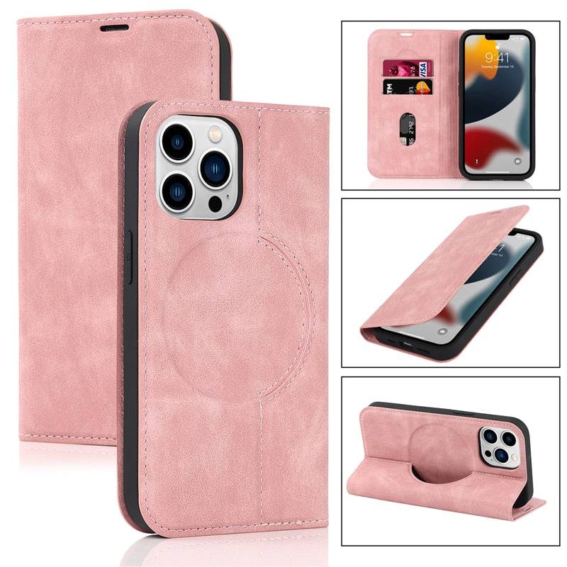 Magnetic Leather Card Holder Wallet RFID Protected and MagSafe Compatible - For iPhone 12 / Pink - sky-cover