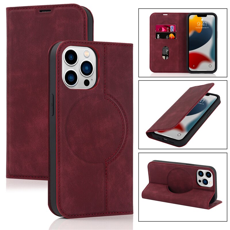 Magnetic Leather Card Holder Wallet RFID Protected and MagSafe Compatible - For iPhone 12 / Red - sky-cover