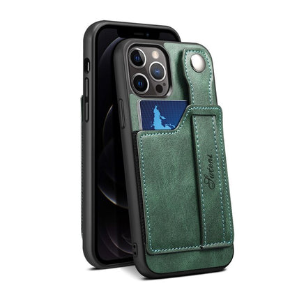 Luxury Case Leather Wallet Cover With Wrist Strap Stand Feature Credit Cards Pocket - Green / For iPhone 14 - sky-cover