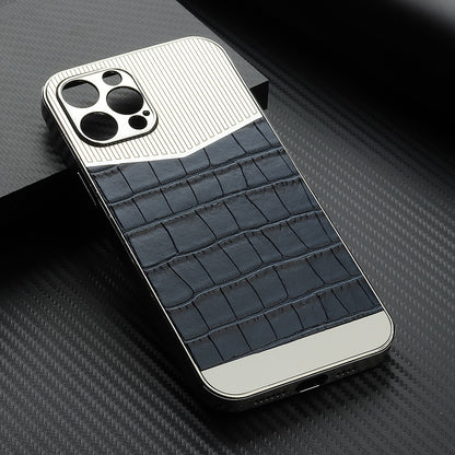Luxury Aluminum Stainless Frame Leather Cover For All iPhone - silver black / For iPhone 12 - sky-cover