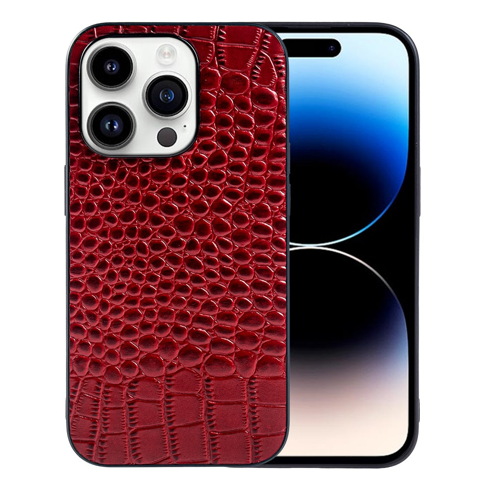 Genuine Leather Phone Case For Apple iPhone 15 14 13 Pro Max Plus Cowhide Leather Cove - Red / For iPhone 14 - sky-cover