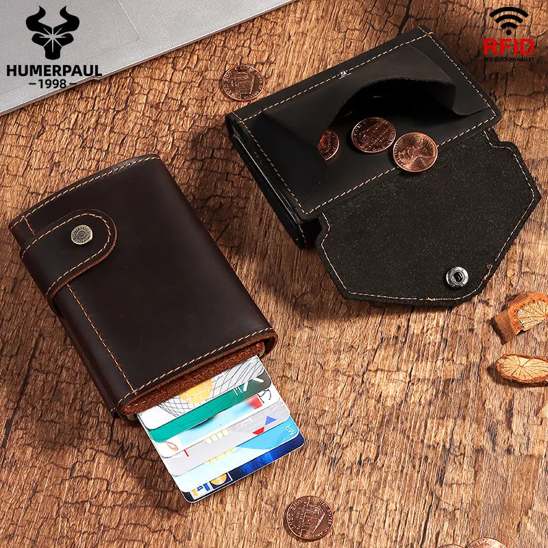 Cowhide Men's RFID Aluminum Card Holder Wallet - Slim Metal Wallet with Cash, ID, Zip Coin Purse, and Automatic Pop-Up Smart Feature - sky-cover
