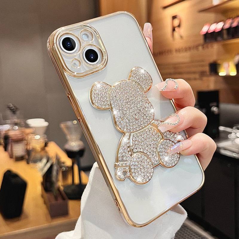 3D Diamond Cute Bear Clear Plating Silicone Full Cover - For iphone 13 / Gold - sky-cover