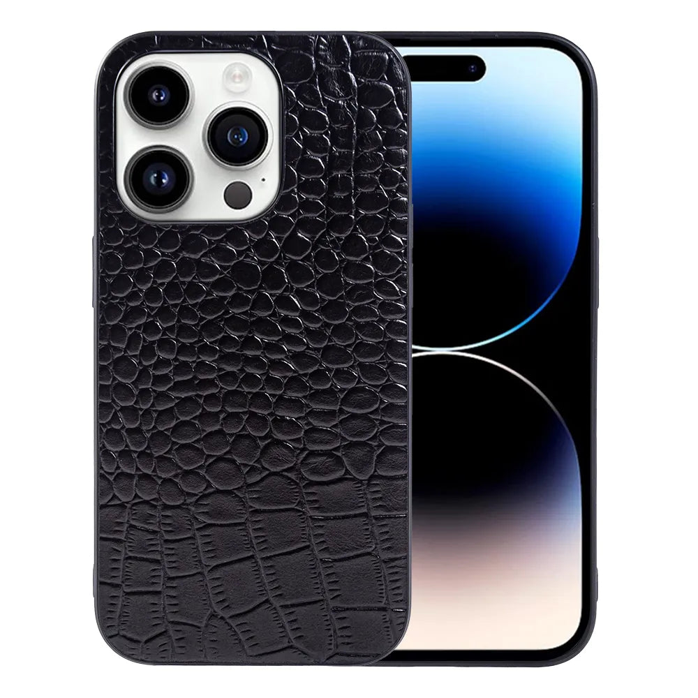 Genuine Leather Phone Case For Apple iPhone 15 14 13 Pro Max Plus Cowhide Leather Cove - Black / For iPhone 14 - sky-cover